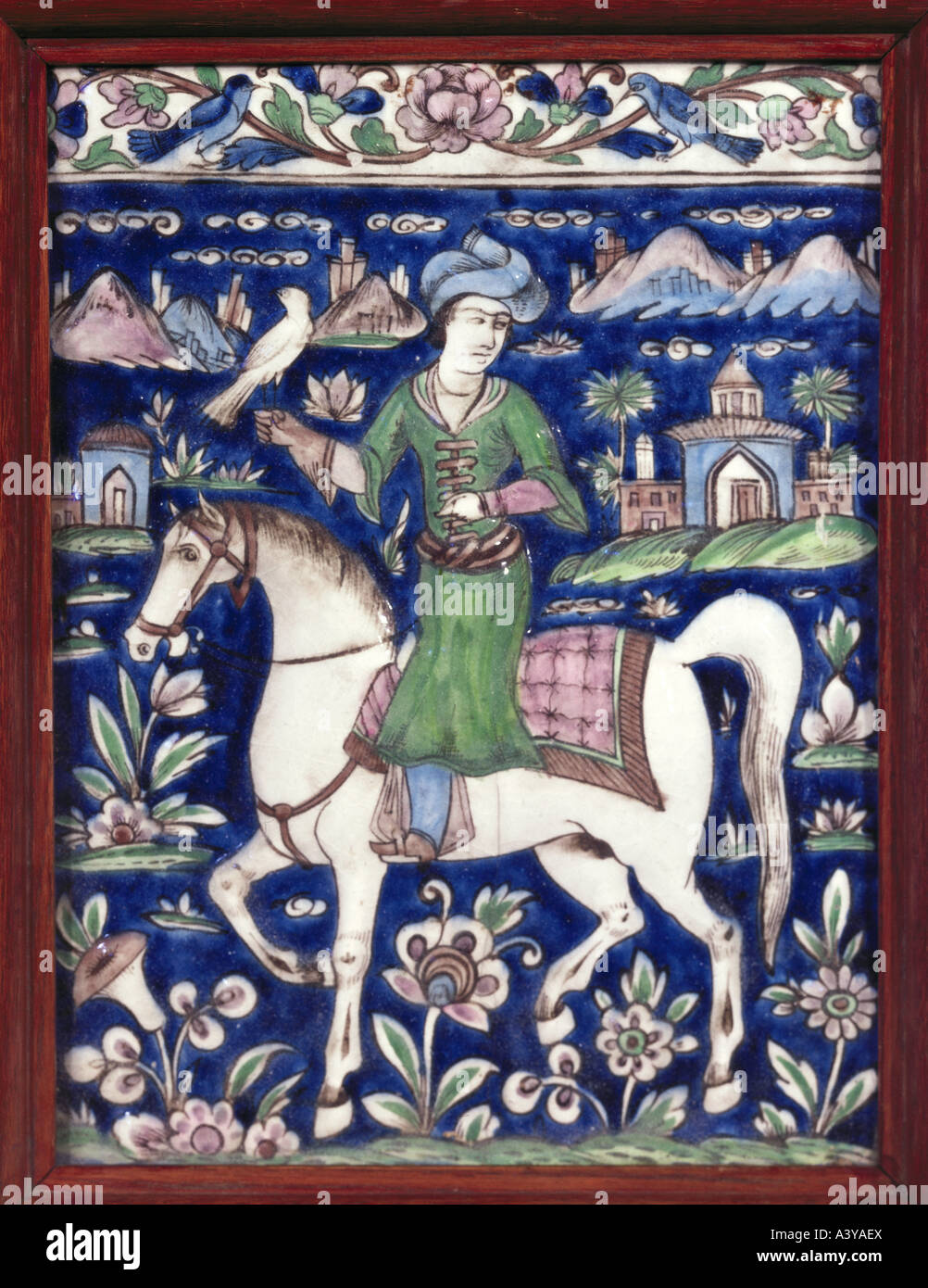 Belle arti, arte Islamica, craft / Artigianato, piastrelle per pavimento, Falconer su cavallo, Teheran, Iran, XVIII secolo, maiolica dipinta, Tedesco Foto Stock