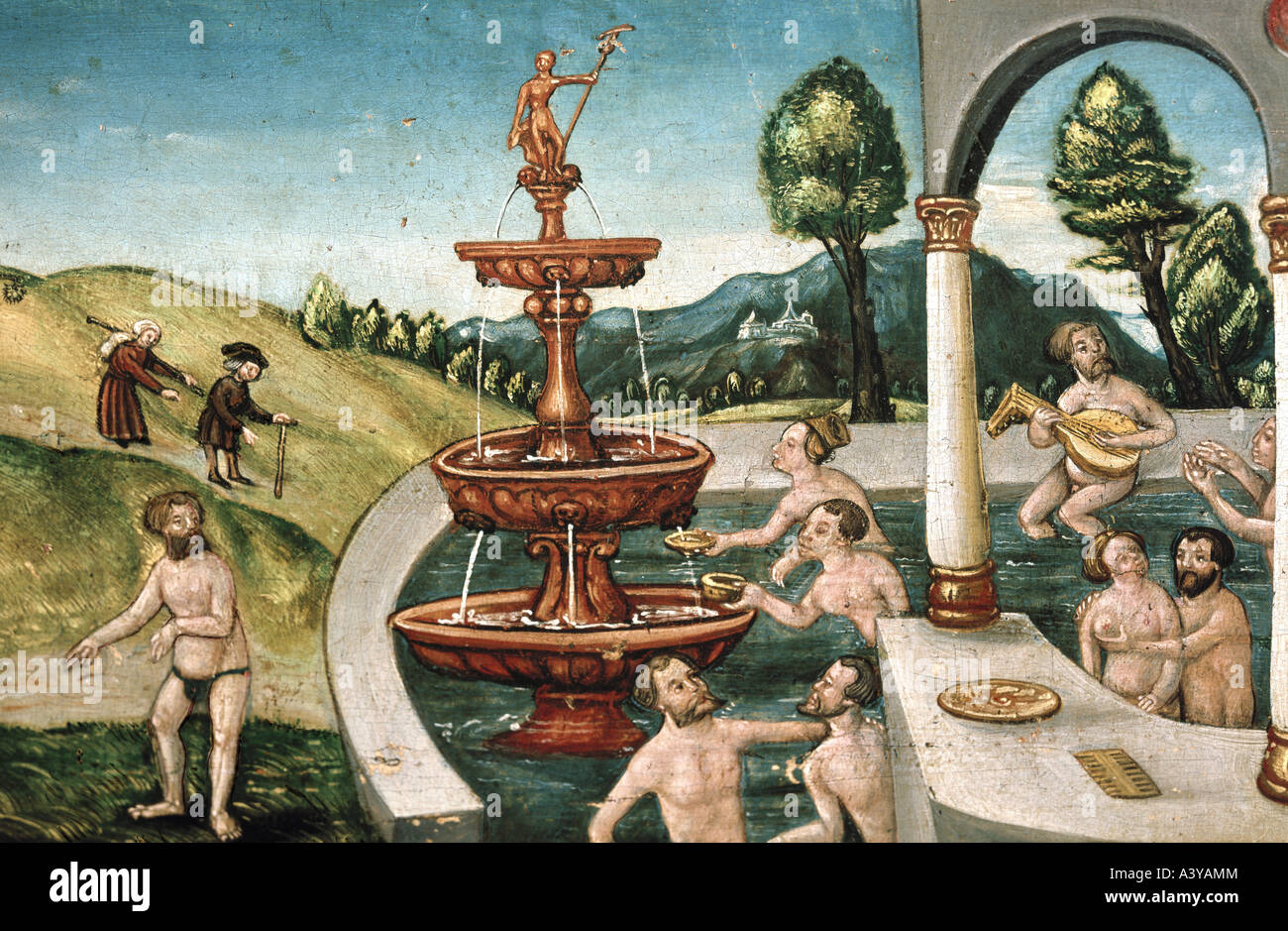 "Belle Arti, pittura, "fontana della giovinezza ", artista sconosciuto, Alta Baviera, 1538, Museo Nazionale Bavarese di Monaco di Baviera, Eur Foto Stock