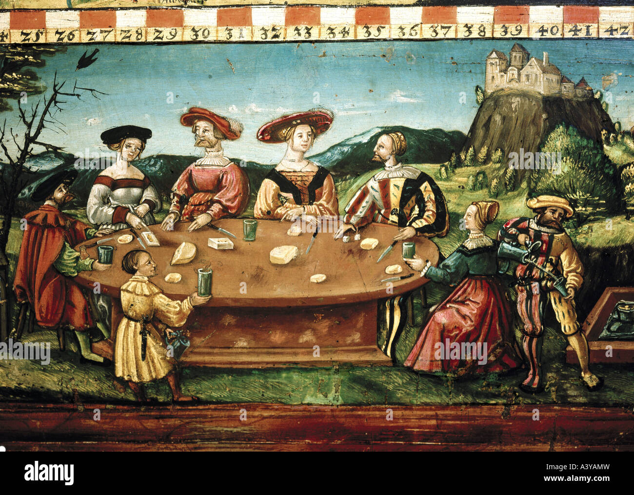 "Belle Arti, pittura, "partito mangiare', artista sconosciuto, Alta Baviera, 1538, Museo Nazionale Bavarese, Monaco di Baviera, Germania, Europa Foto Stock