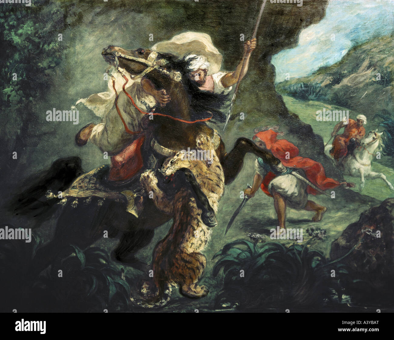 "Belle Arti, Delacroix, Eugene, (1798 - 1863), pittura, 'tiger caccia", 1854, olio su tela, 73,5 cm x 92,5 cm, Louvre, Parigi, h Foto Stock