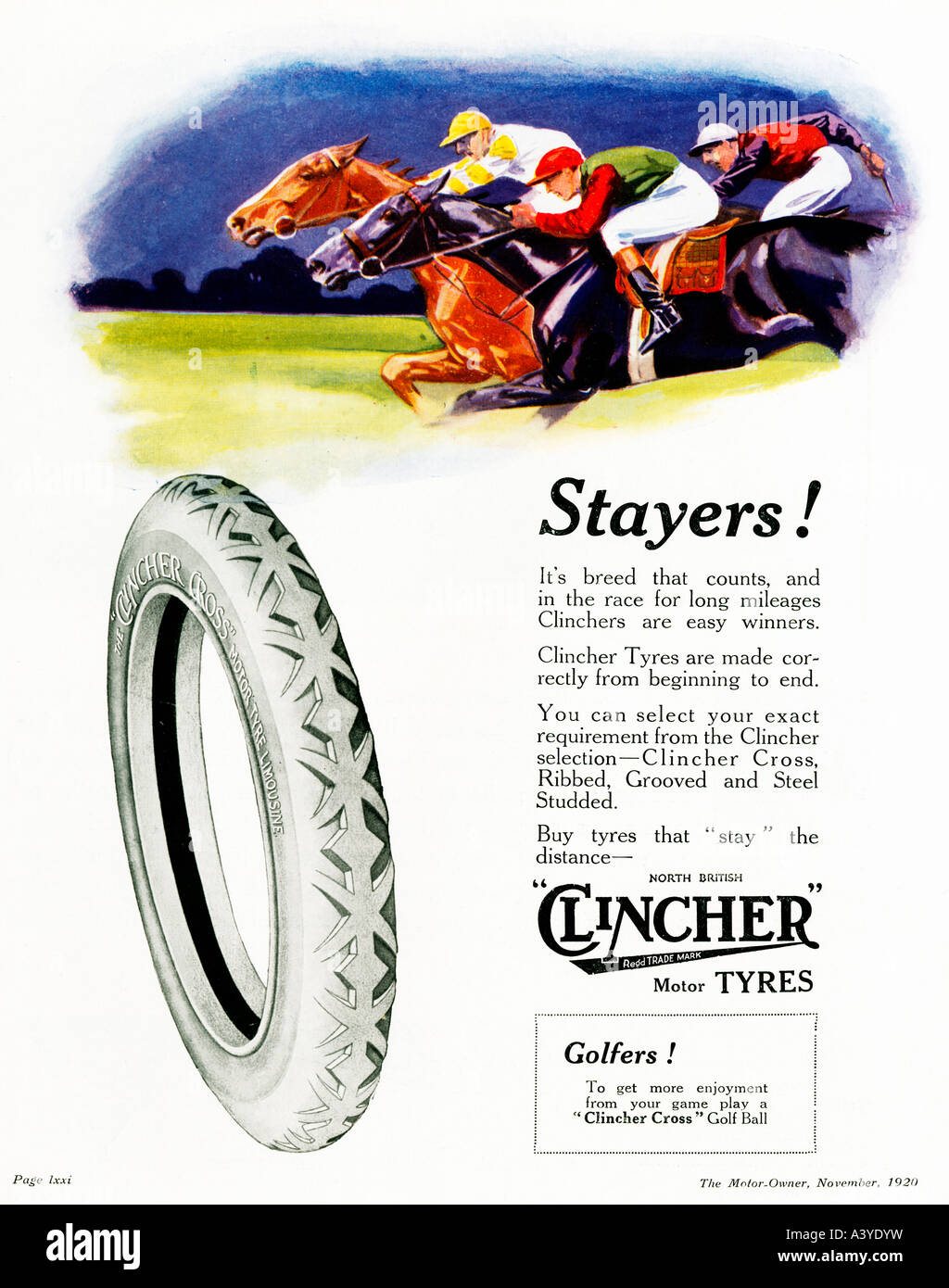 Copertoncini Horseracing 1920 magazine annuncio pubblicitario per il Nord British motor pneumatici per auto cavalli in corsa per lunghi chilometraggi Foto Stock