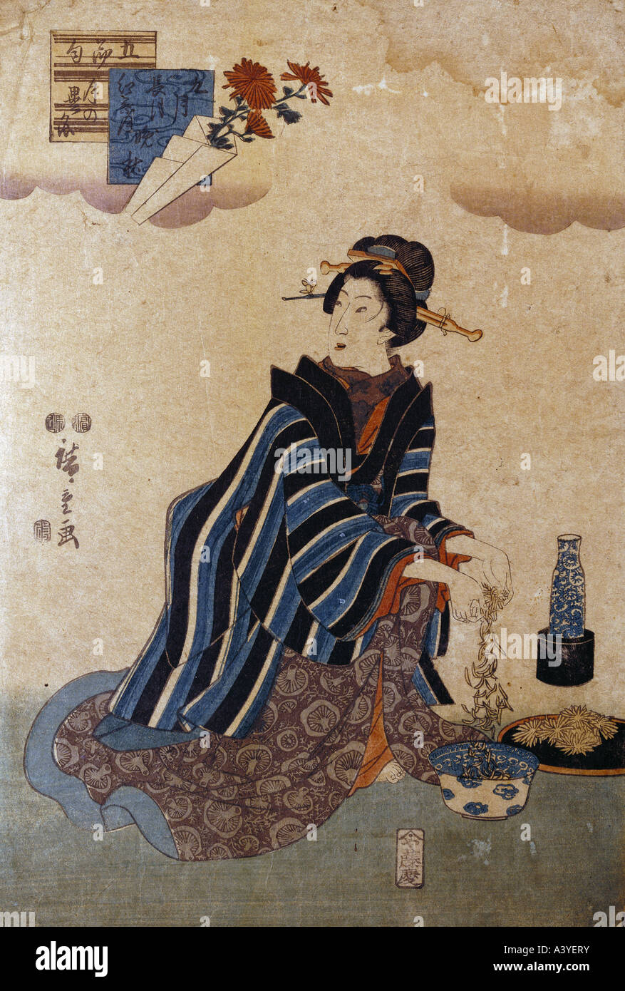 "Belle Arti, Giappone, grafica 'lady diffusione di foglie di crisantemo bianco in Cina bowl', circa 1830, colore xilografia, 37 cm x Foto Stock