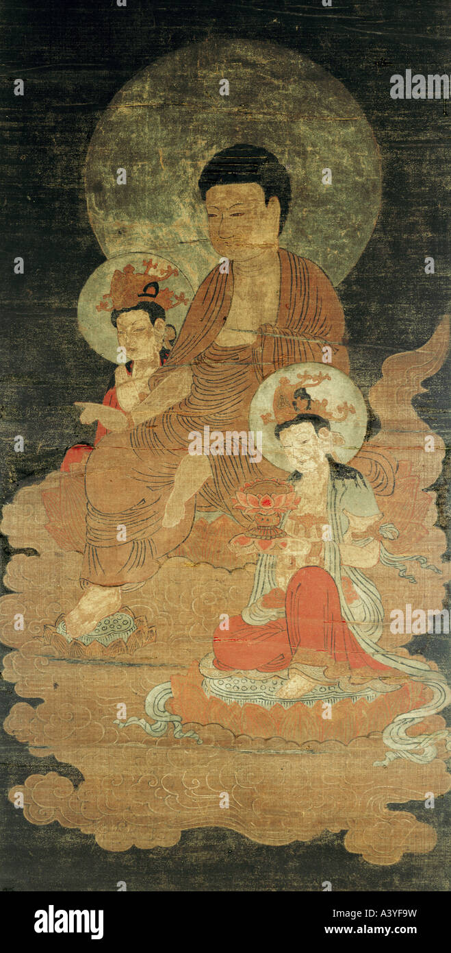 Belle arti, paesi, Giappone, pittura, Buddha Amida con Kuanyin e Dei - sei - Chi con lotus piedistallo, scorrere-pittura, un inchiostro Foto Stock