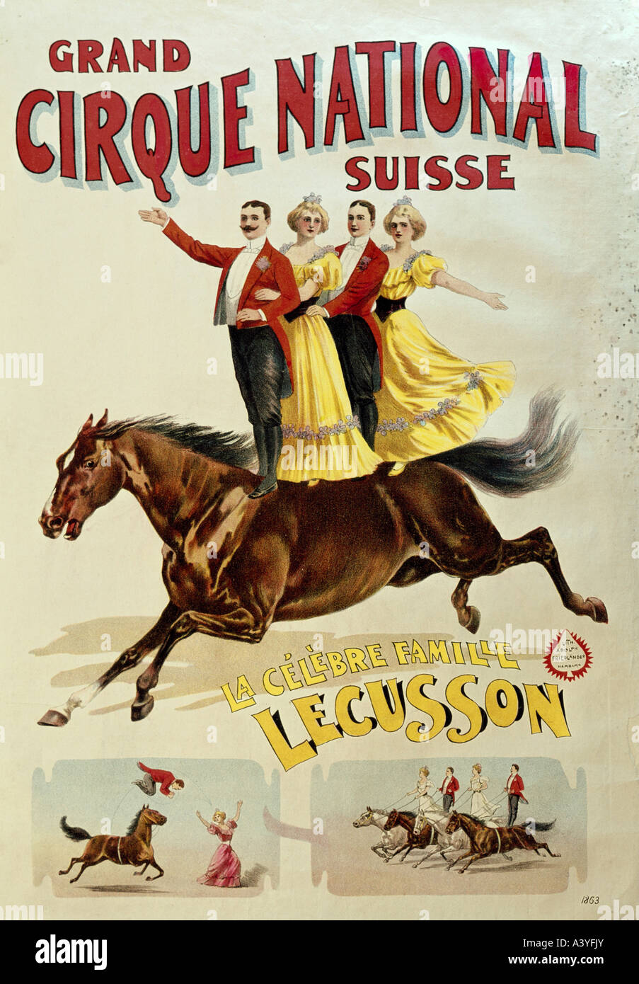 Pubblicità, circo, Grand Cirque National Suisse, famiglia Lecusson, circensi, litografia a colori, poster, stampa di Adolph Friedländer, Amburgo, circa 1890, Foto Stock