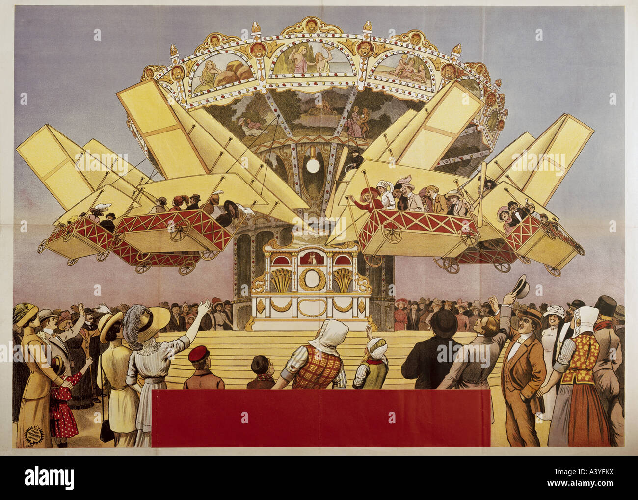 Festività, fiere, carnie, carousel aereo, poster, litografia a colori, stampa di Adolph Friedländer, Amburgo, 1913, Foto Stock