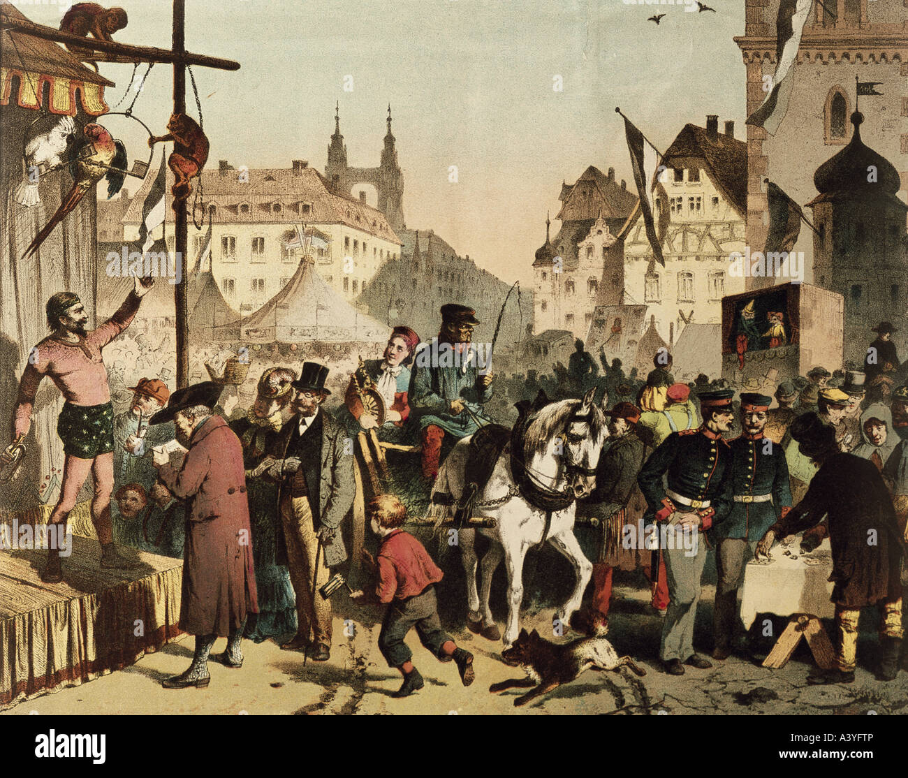 Festa, fiere, fiera nella città della Germania meridionale, litografia a colori, circa 1850, Foto Stock