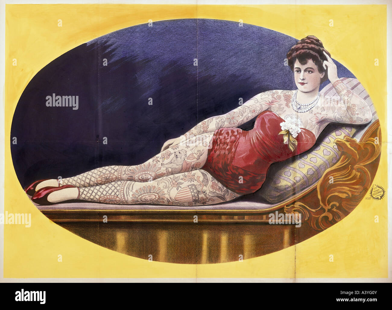 Festa, fiere, carnosa, donna completamente tatuata, poster, litografia a colori, stampa di Adolph Friedländer, Amburgo, 1913, Foto Stock