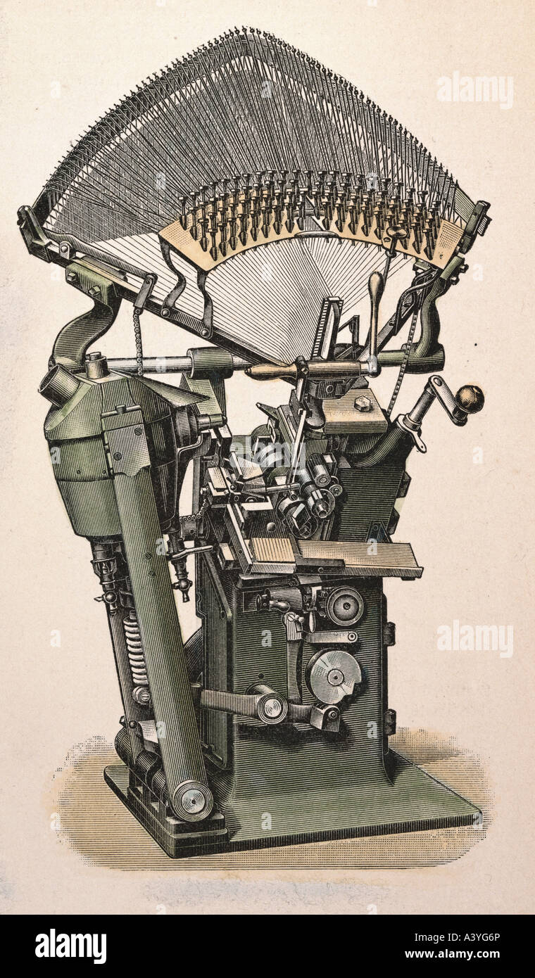 Technics, printing, typesetting machine 'Typograph', inventato da J.R.Rogers e F.E. Bright, 1881, incisione a colori, circa 1880, collezione privata, Foto Stock