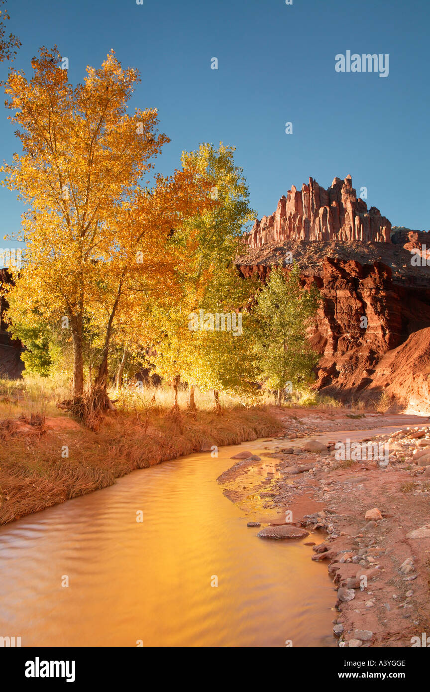 Il castello si erge al di sopra di zolfo Creek Parco nazionale di Capitol Reef Fruita Utah Foto Stock