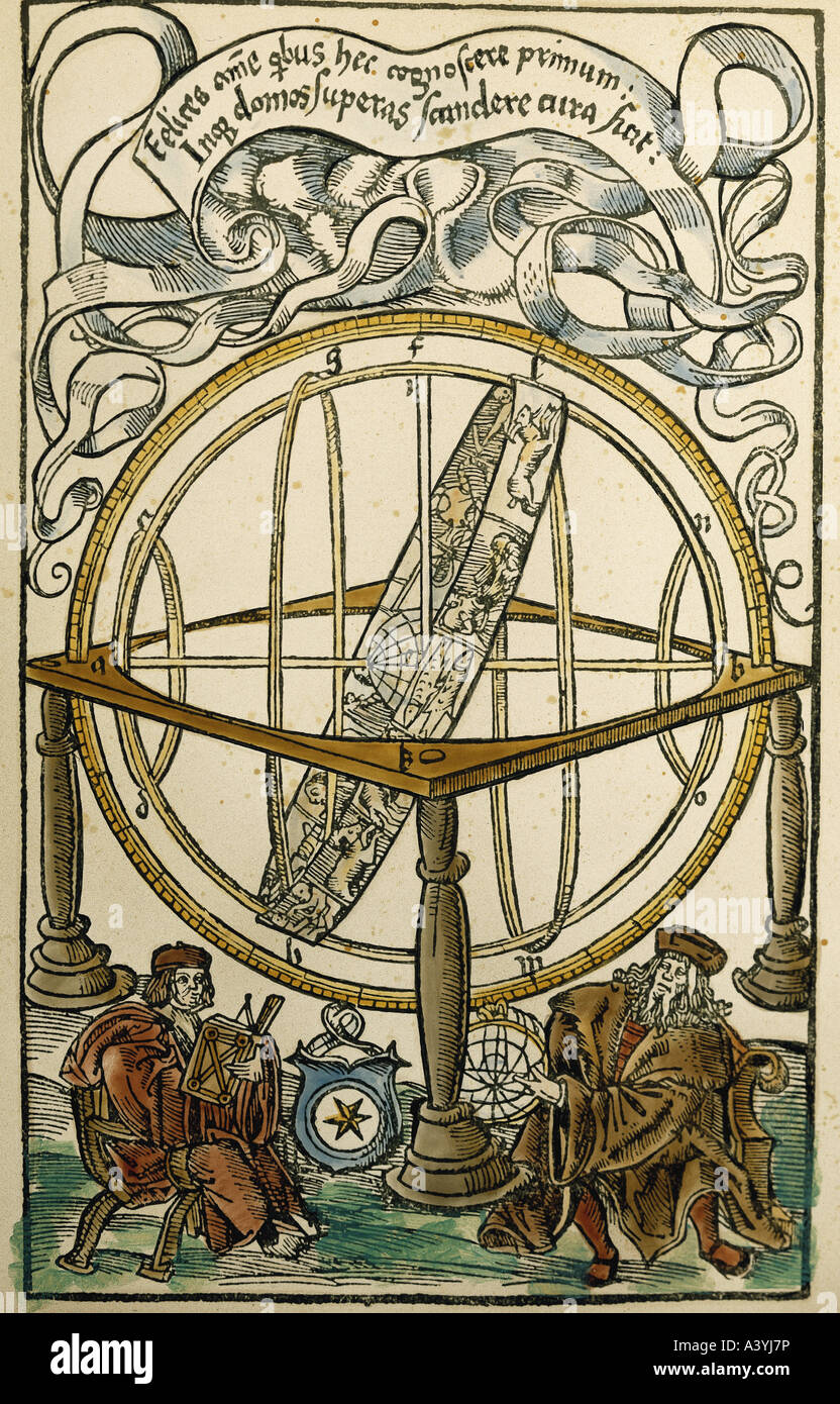 Astronomia, strumenti di misura, sfera armillare e due studiosi, legno colorato, di "Tabulae eclissium", di Peuerbach, Vienna, 1514, collezione privata, Foto Stock