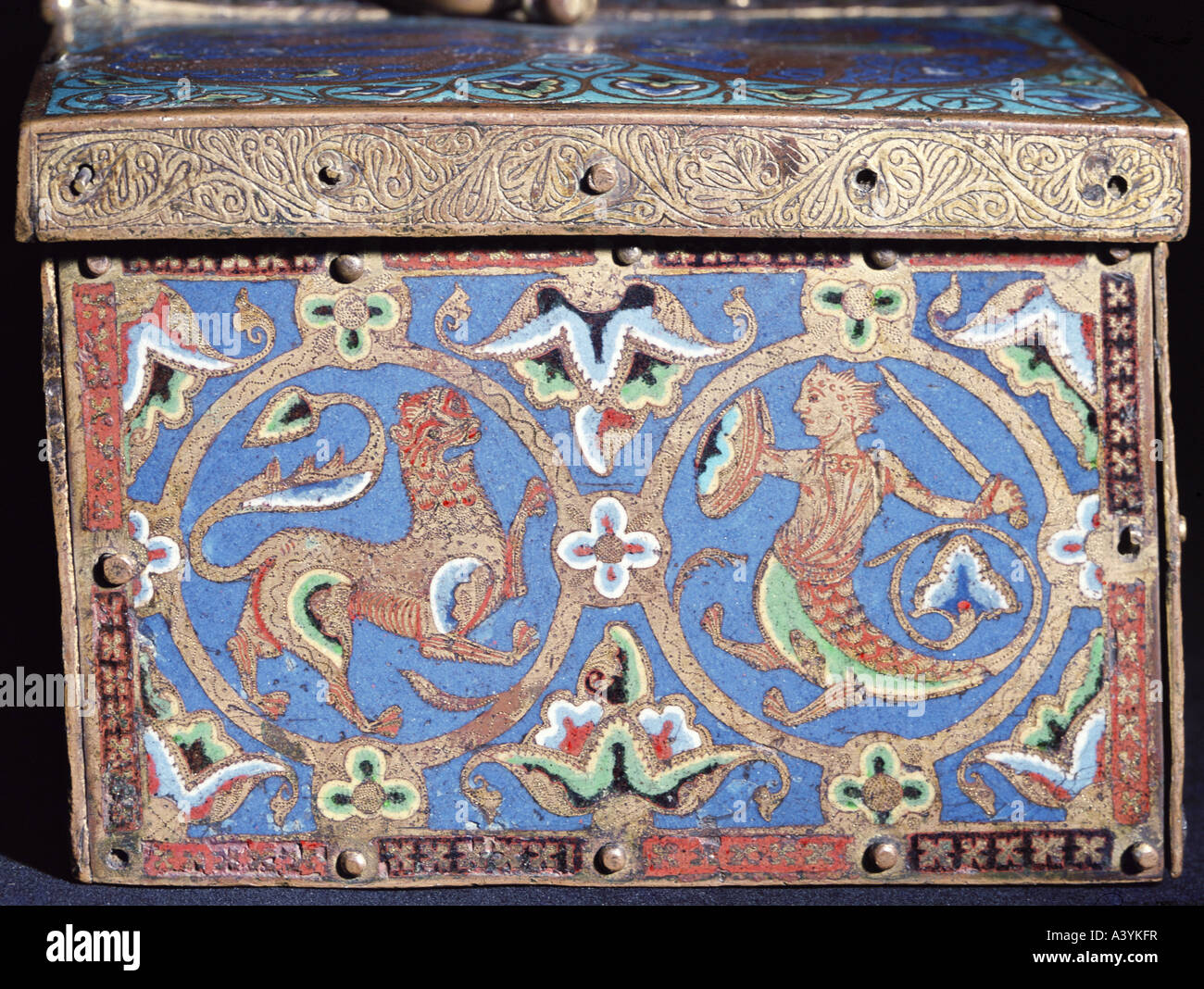 Belle arti, medioevo, craft / Artigianato, cassetta, edge, bestie, Limoges, inizi del secolo XIII, smalto, British Museum di Londra, Foto Stock