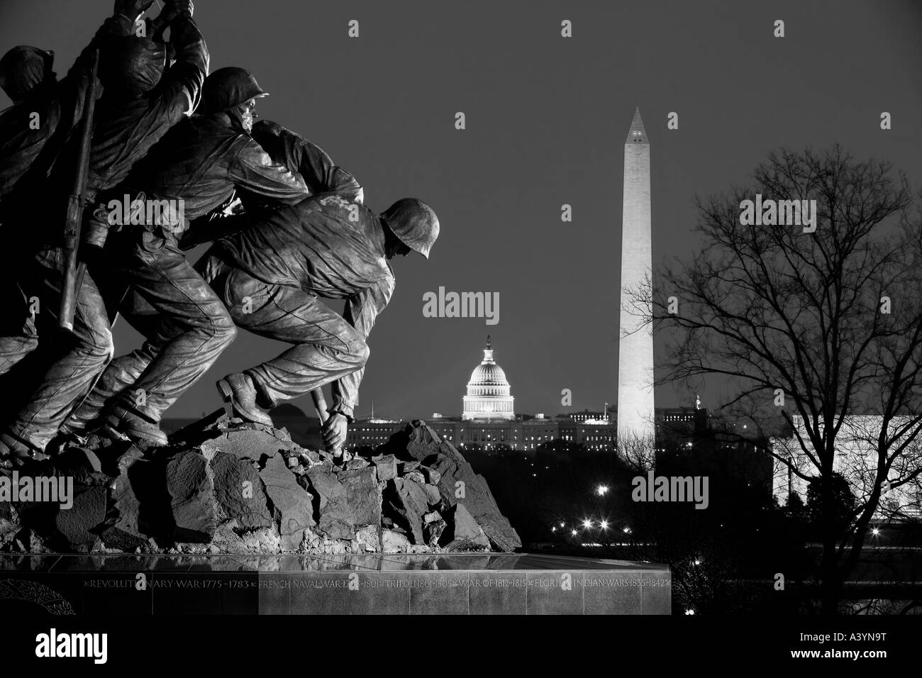 Arlington Marine Corps War Memorial aka come l'Iwo Jima statua; il Lincoln Memorial, il Monumento a Washington e il Campidoglio US. DC USA Foto Stock