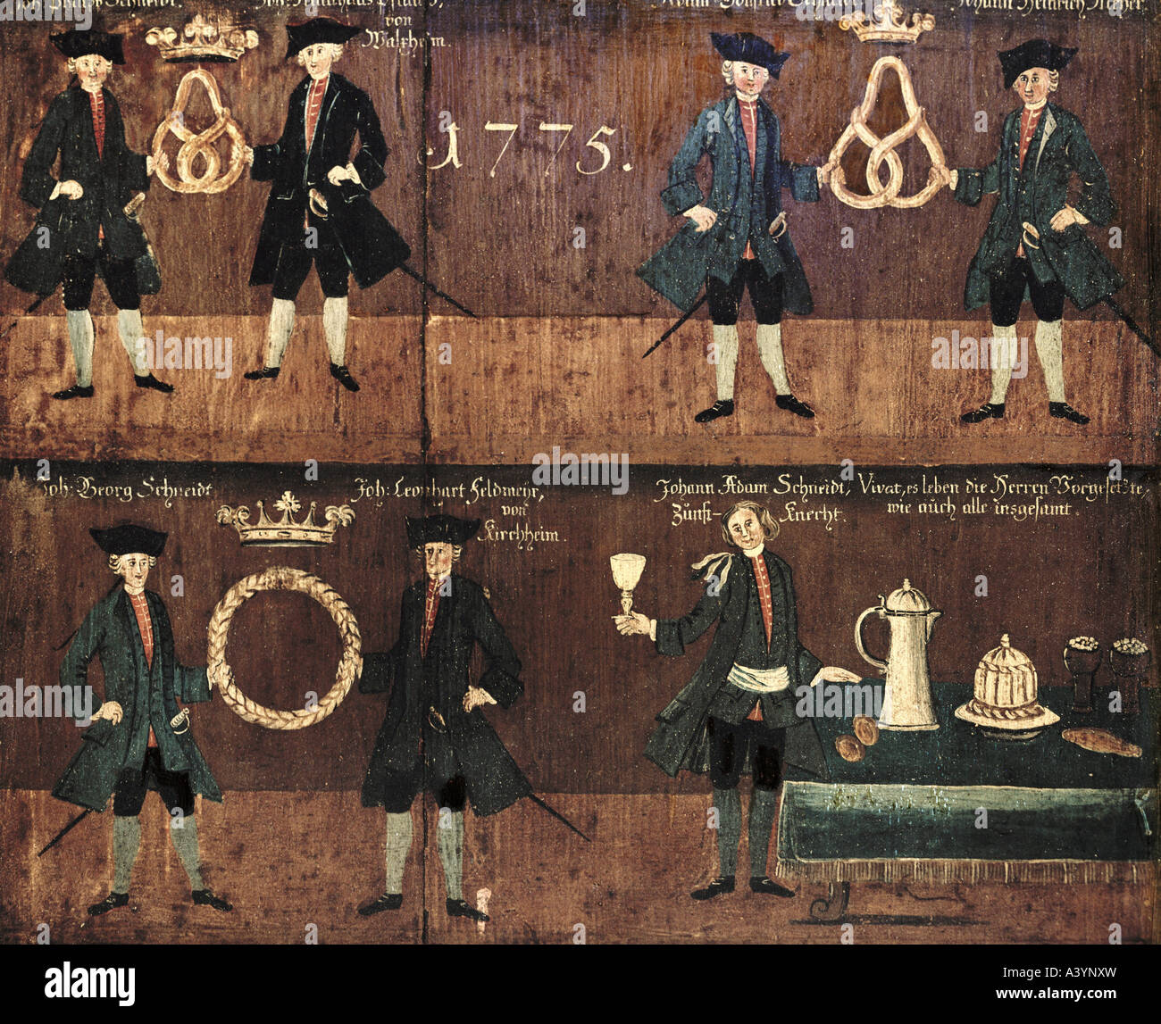 Artigianato / artigianato, gilde, segno di gilda, gilda di fornaio, colori di caseina sul pannello, Bavarian Swabia, 1775, Foto Stock