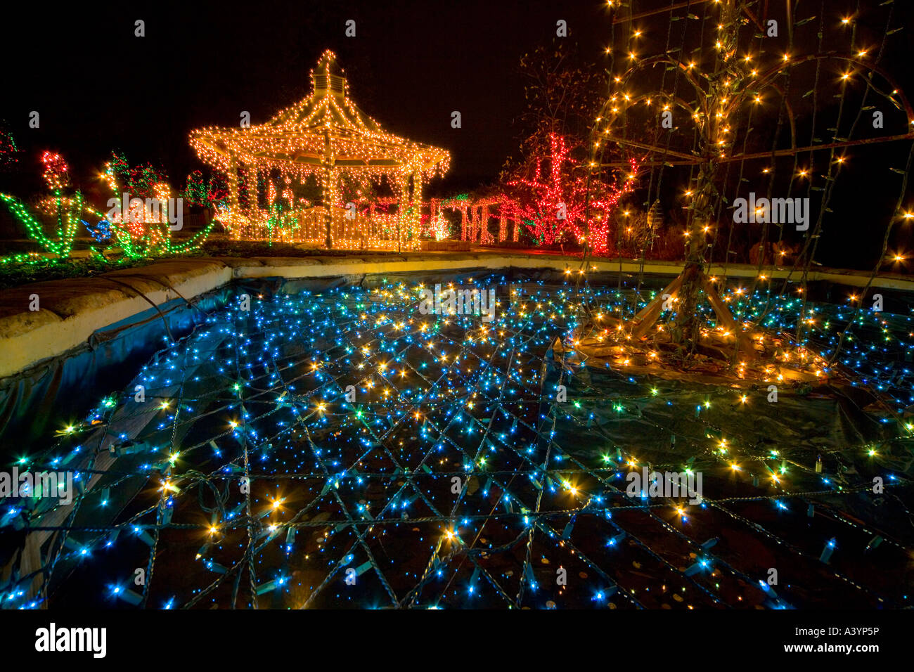 Brookside Giardini luci di Natale visualizzare in Wheaton MD vicino a Washington DC USA Tea House follia con laghetto e fontana e animali. Foto Stock