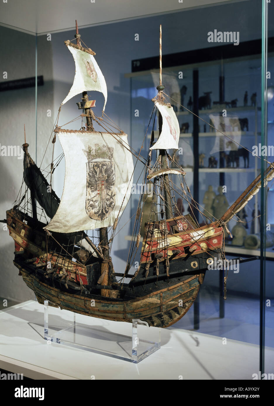 Trasporti/trasporti, navigazione, navigatori, galeone 'Bavaria' circa 1540, in miniatura, costruito su ordine di un cavaliere di Freyberg, 18th secolo, Museo Nazionale Bavarese München, Foto Stock