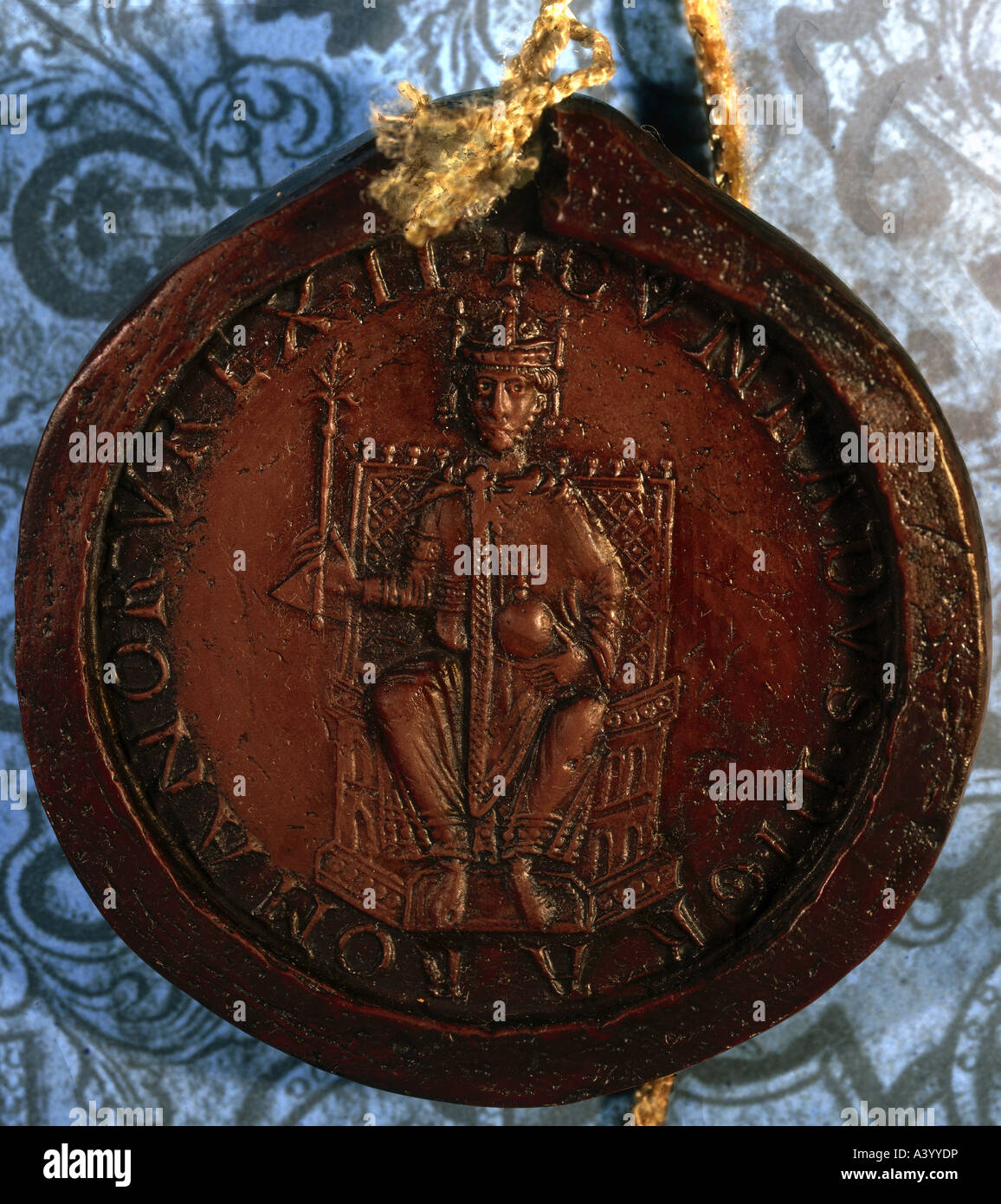 Conrad III. 1093 - 15.2.1152, Re di Germania 13.3.1138 - 15.2.1152, sul trono, royal guarnizione, Coblenza archivio comunale, Hohenstauf Foto Stock