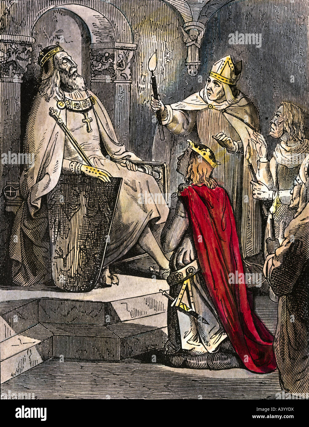 Ottone III, 15.7.980 - 24.1.1002, Sacro Romano Imperatore 21.5.996 - 24.1.1002, nella tomba di Carlo Magno di Aquisgrana, xilografia colorata Foto Stock