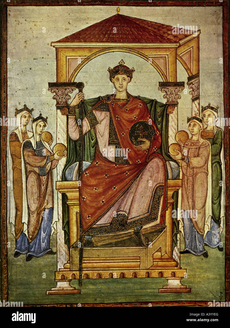 Ottone II, 955 - 7.12.983, Sacro Romano Imperatore 25.12.967 - 7.12.983, sul trono circondato da Francia, Germania, Italia e al Foto Stock