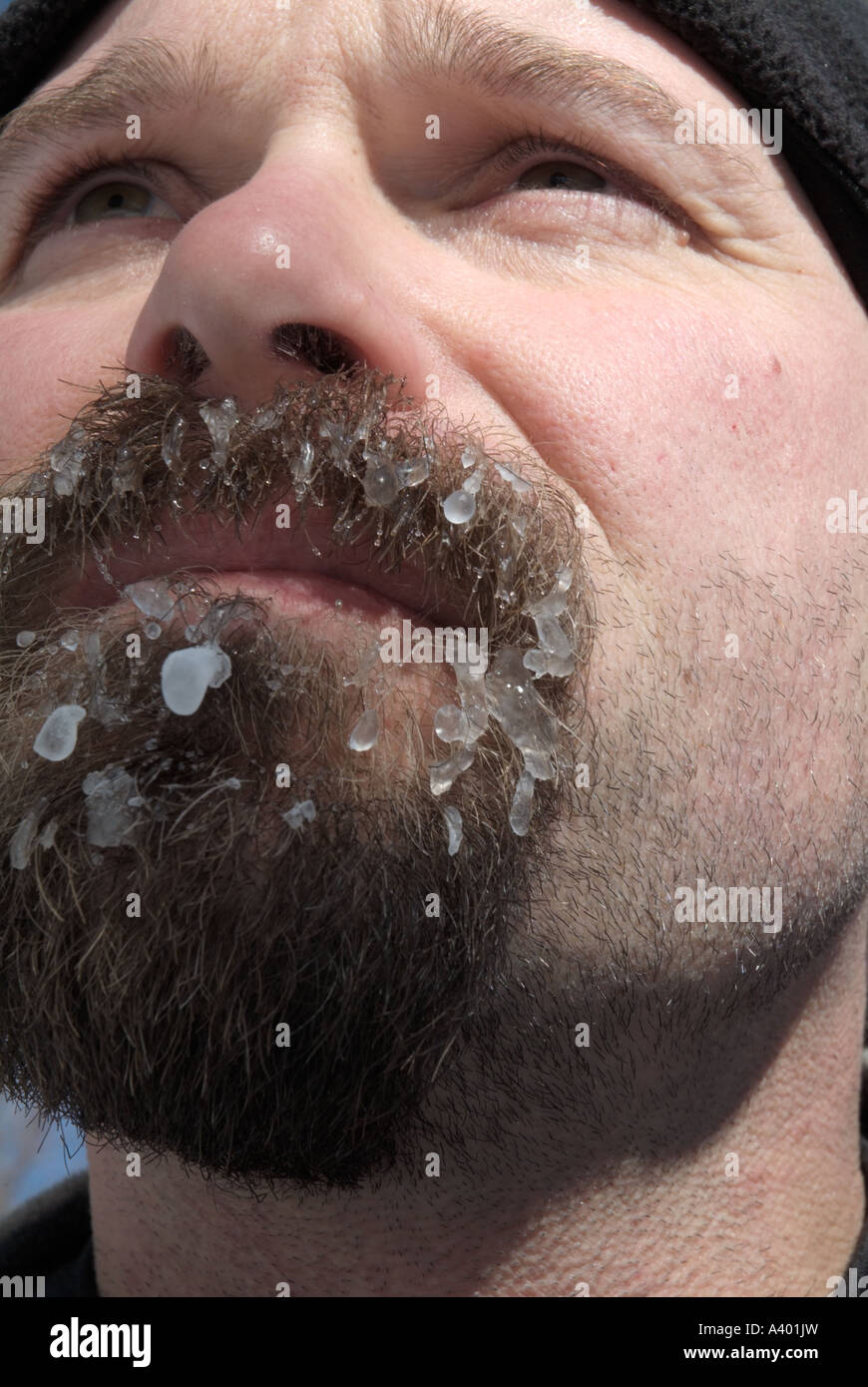 Escursionista' s barba ricoperto di ghiaccio, carnagione, guardare, trattamenti per il viso, i capelli,personalità,scalatore,faccia,adulto,freddo escursionismo Foto Stock