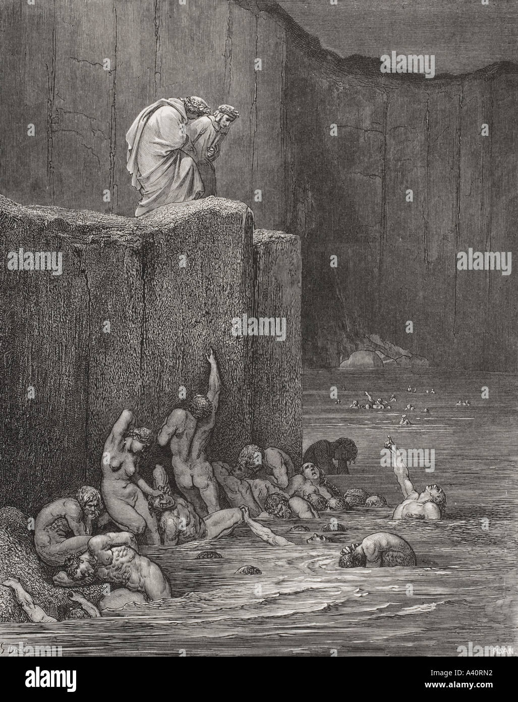 Incisione di Gustave Dore, 1832 -1883, artista francese e Illustrator per l Inferno di Dante Alighieri, Canto XVIII, le linee 116 e 117. Foto Stock