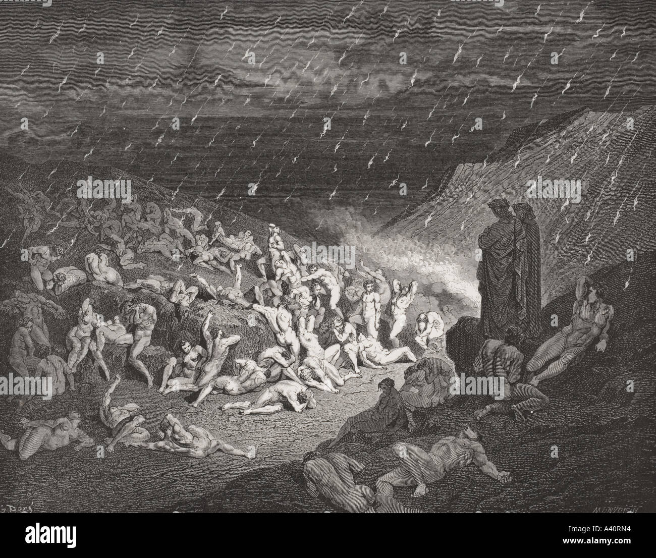 Incisione di Gustave Dore, 1832 -1883, artista francese e Illustrator per l Inferno di Dante Alighieri, canto XIV, linee da 37 a 39. Foto Stock