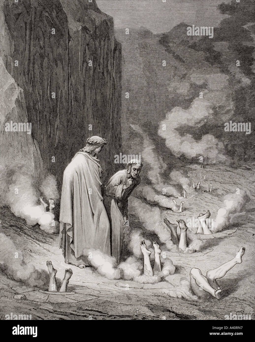Incisione di Gustave Dore, 1832 -1883, artista francese e Illustrator per l Inferno di Dante Alighieri, canto XIX, linee 10 e 11. Foto Stock