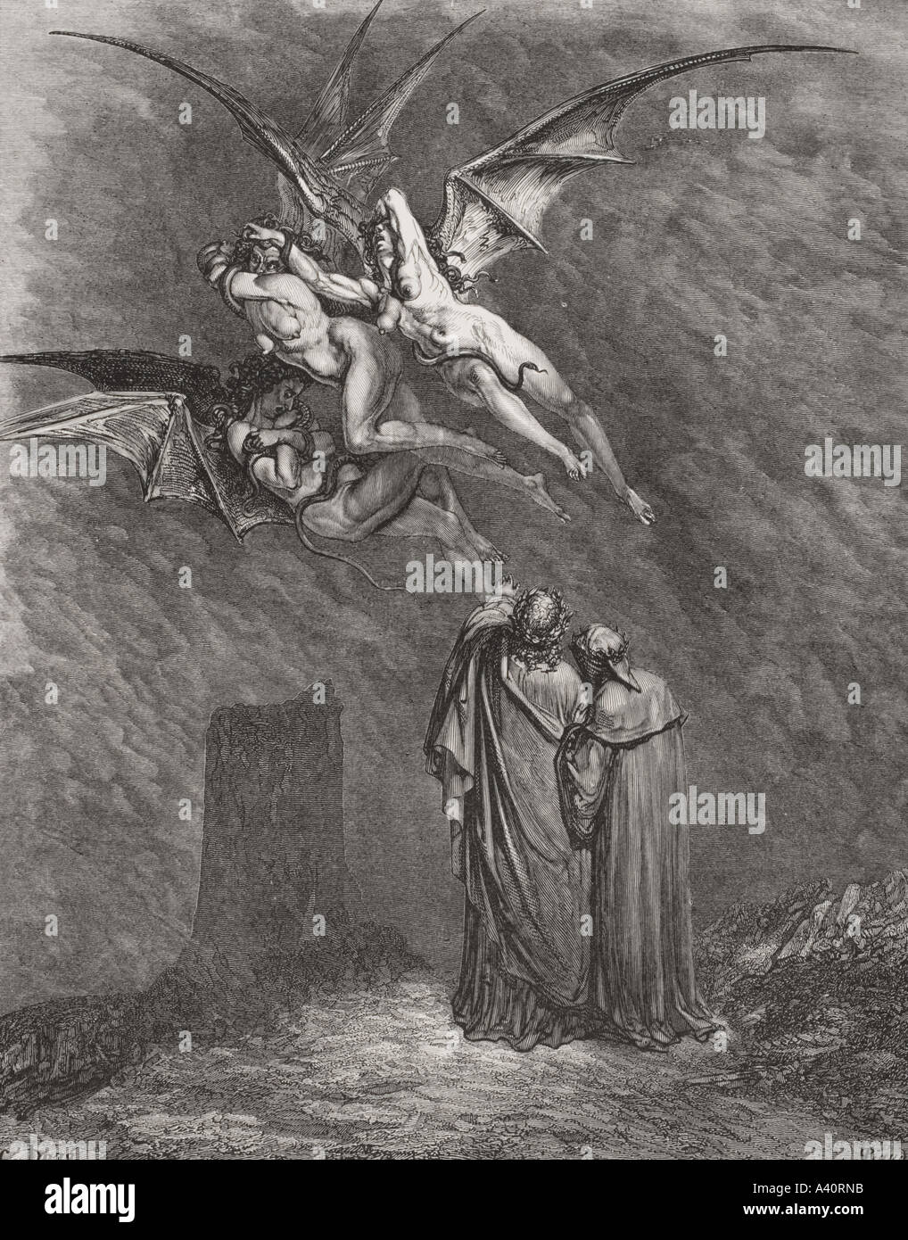 Incisione di Gustave Dore, 1832 -1883, artista francese e Illustrator per l Inferno di Dante Alighieri, Canto IX, linea 46 Foto Stock