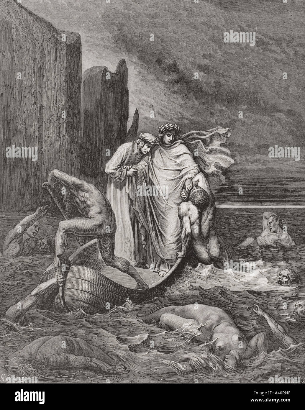 Incisione di Gustave Dore, 1832 -1883, artista francese e Illustrator per l Inferno di Dante Alighieri, Canto VIII, linee da 39 a 41. Foto Stock