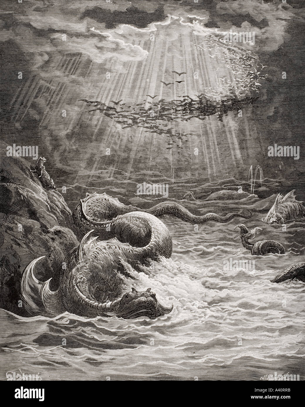 Illustrazione di Gustave Dore, 1832 - 1883. Artista francese e illustrator, per il Paradiso Perduto di John Milton, libro VII, linee da 387 a 389. Foto Stock