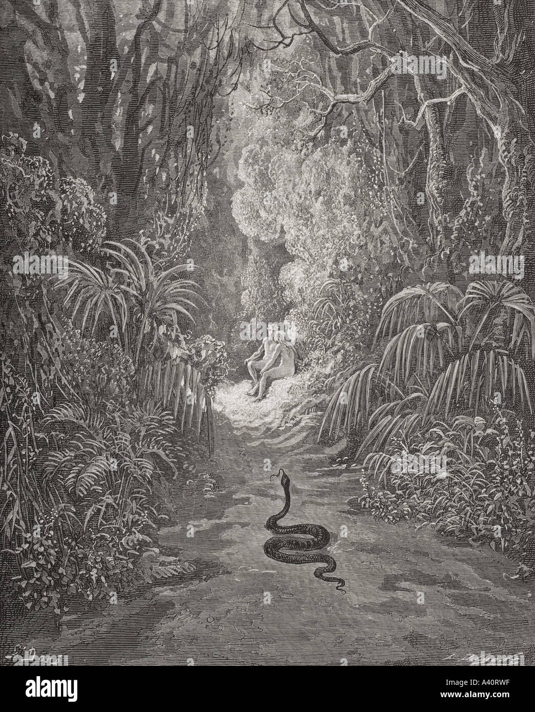 Illustrazione per il Paradiso Perduto di John Milton, Libro IX, linee 434 e 435, da Gustave Dore (1832 - 1883) artista francese e illustrator. Foto Stock