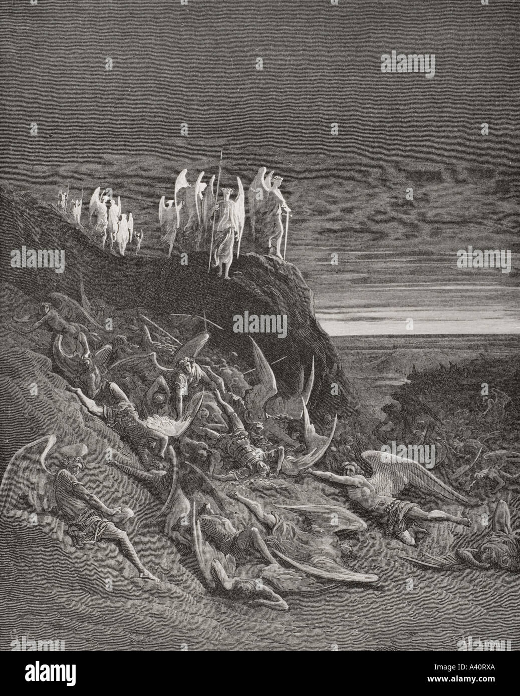 Illustrazione per Paradise Lost di John Milton, libro vi, righe da 410 a 412, di Gustave Dore, 1832 - 1883. Artista e illustratore francese. Foto Stock
