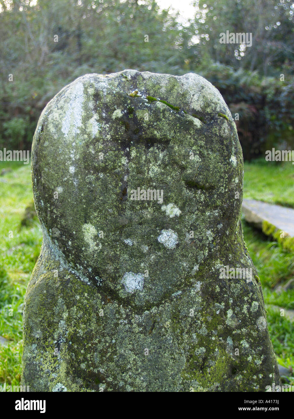 Pietra scolpita la figura nel cimitero Caldragh Boa isola minore del Lough Erne County Fermanagh Irlanda. È noto come la pietra di Janus. Foto Stock