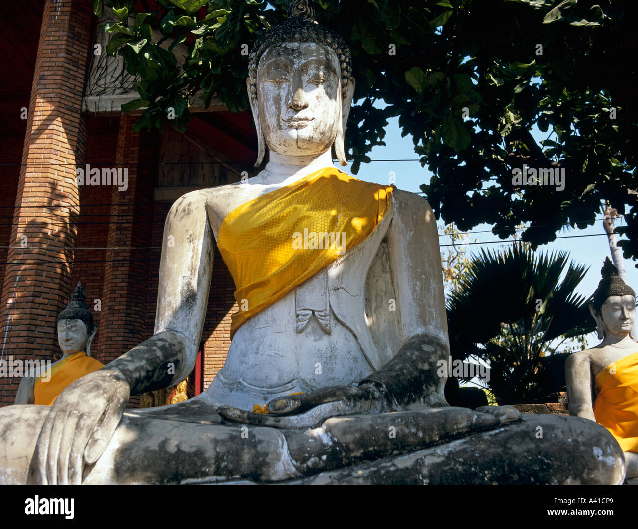 Buddha in pietra con Safron Robe le antiche città di Ayuthaya Thailandia del sud-est asiatico Foto Stock