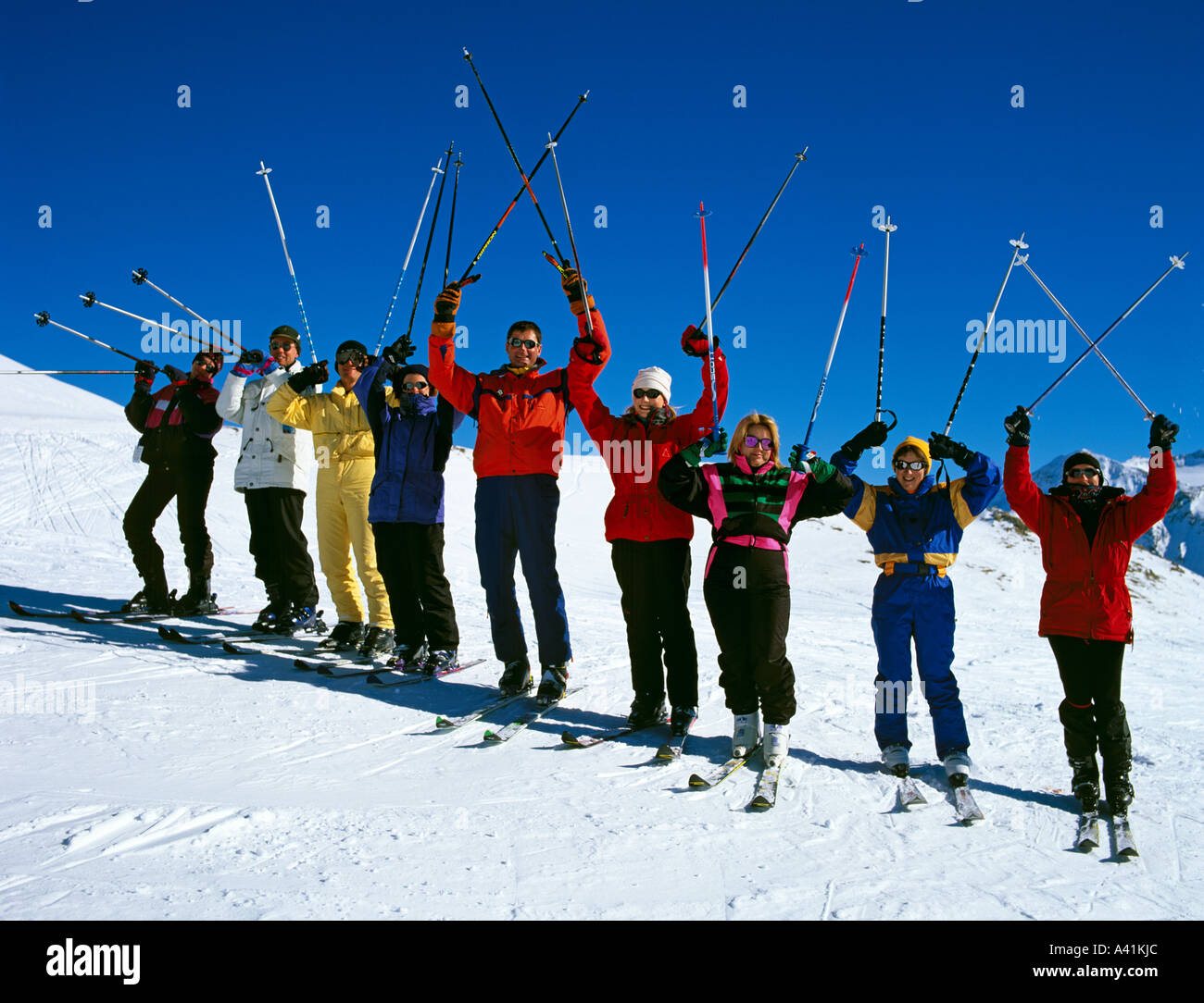 Gruppo di lezioni di sci Chamonix Regione Alpi Francesi Francia Europa Foto Stock