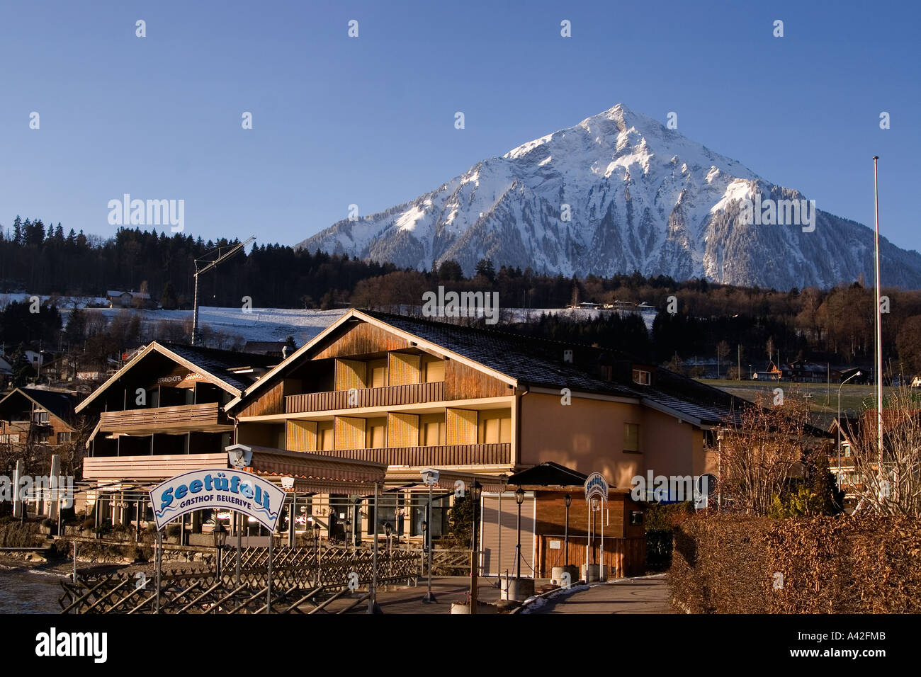 La svizzera del lago di Thun Faulensee in inverno il Monte Niesen chalets Foto Stock