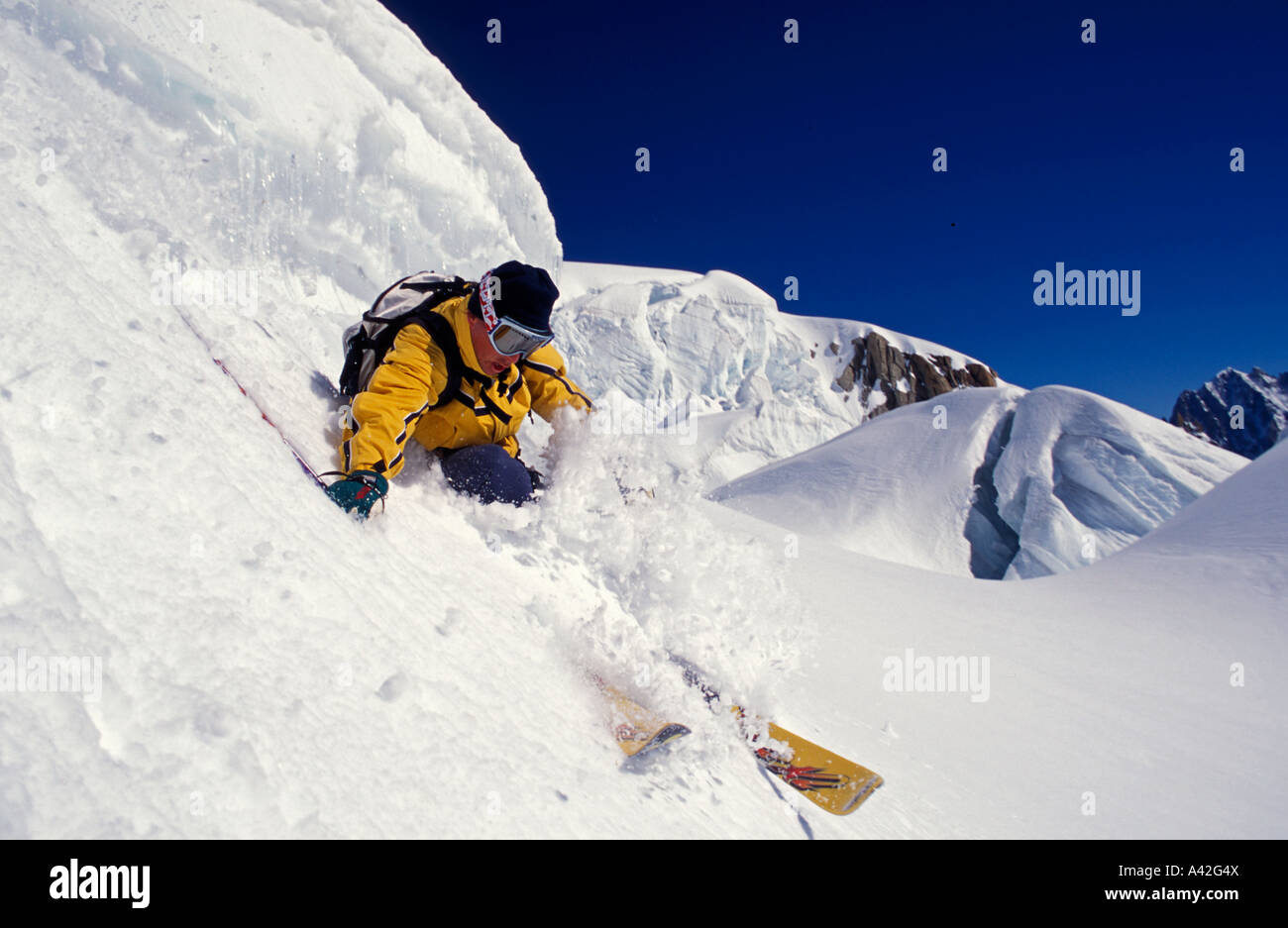 Sciatore Tim Dobbins a Envers de Plan Chamonix Francia Foto Stock