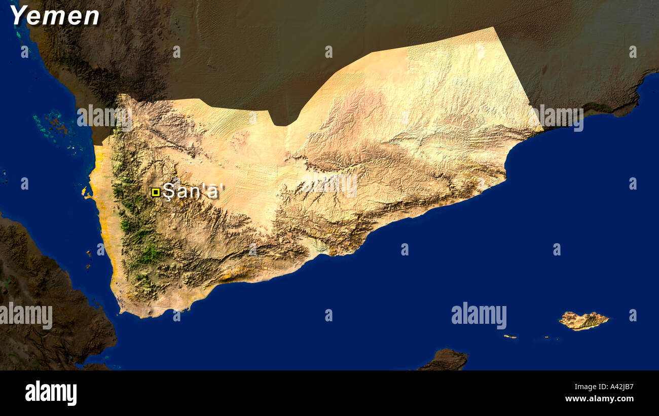 Immagine satellitare dello Yemen con Sana'a evidenziato Foto Stock