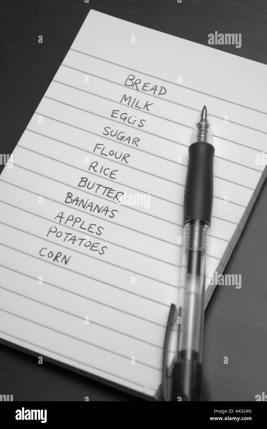 Elenco dei negozi di alimentari. Foto Stock