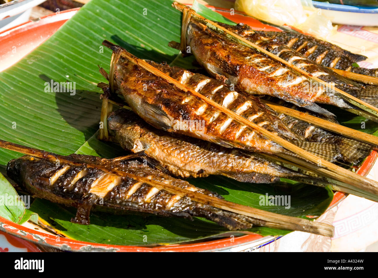 Grigliata di pesce del Mekong su foglie di banano Luang Prabang Laos Foto Stock