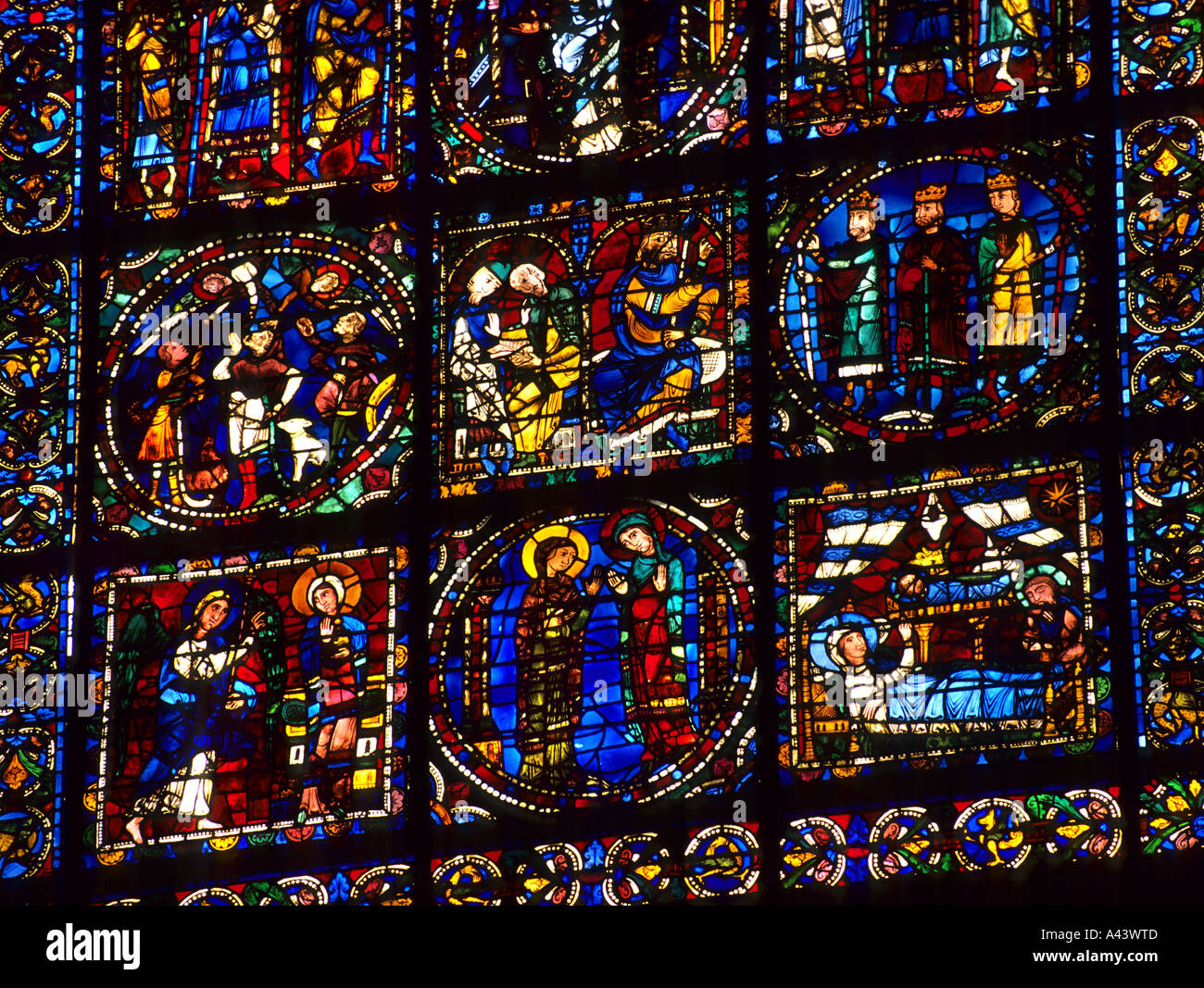Chartres vetro piombato reticolo di luce in vetro colorato Foto Stock