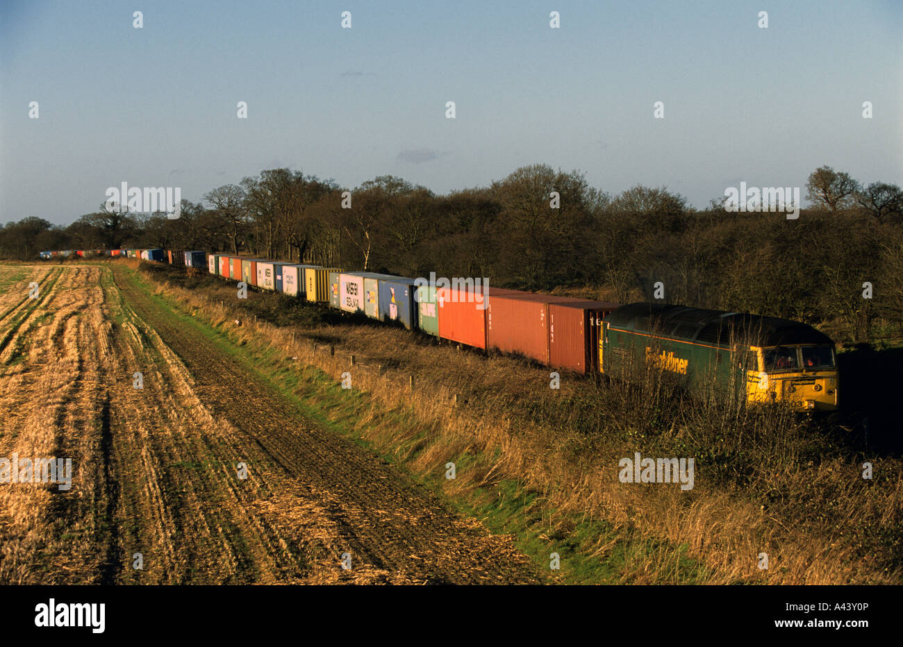 Freightliner treno merci sul ipswich al porto di Felixstowe linea di diramazione, Suffolk, Regno Unito. Foto Stock