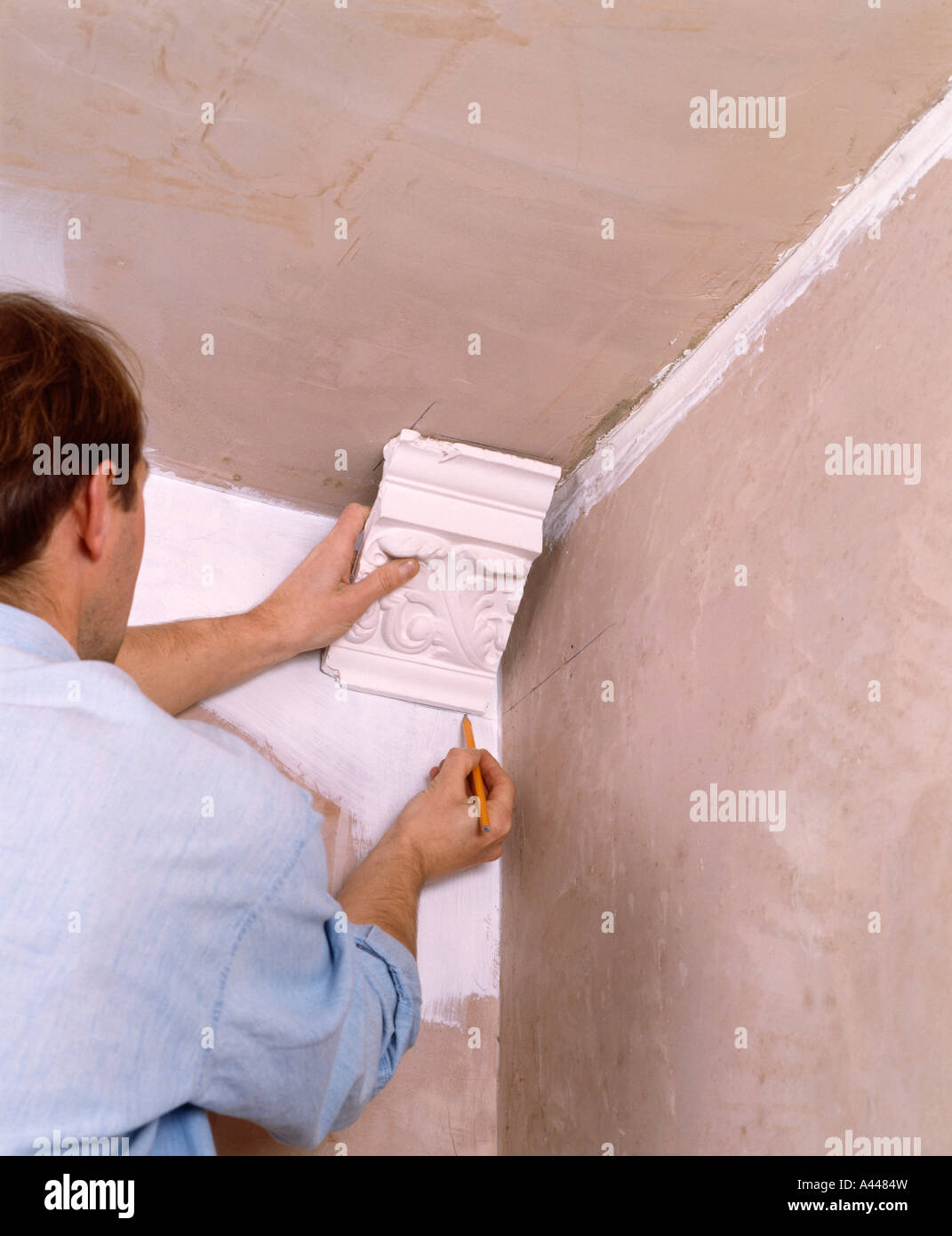 Close-up di uomo sostituisce Gesso cornice a soffitto Foto Stock