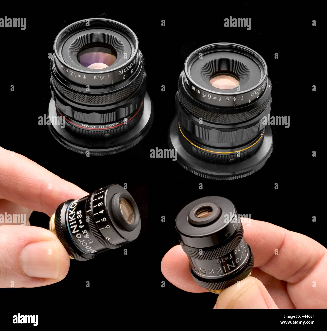 Nikon macro lenti dalla Multiphot fotografia macro system 19mm 35mm 65mm 120mm lenti Foto Stock