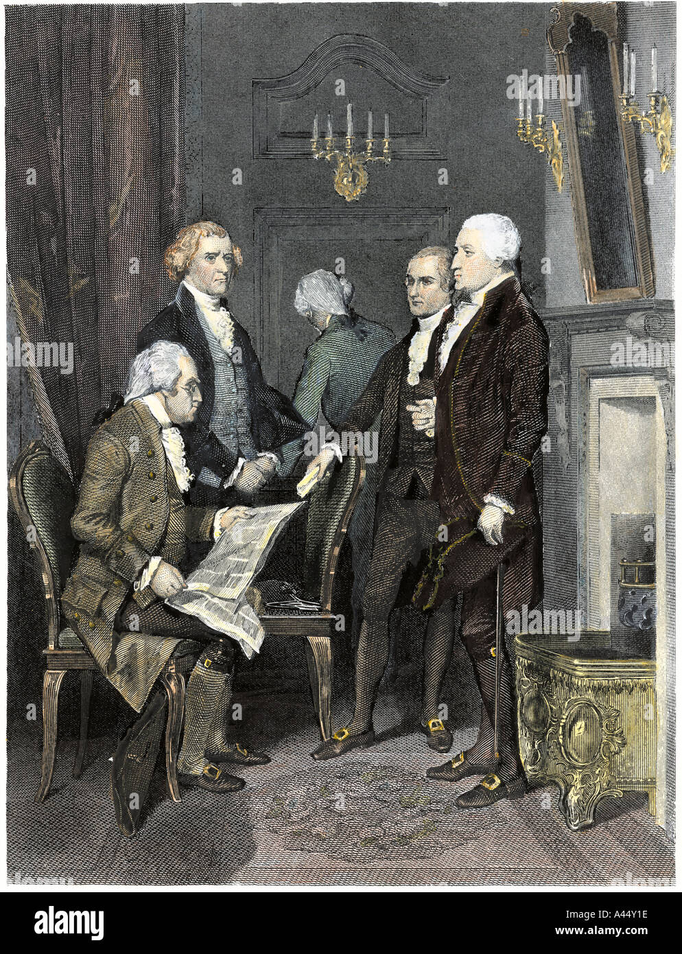 Il primo armadio sotto il Presidente George Washington Henry Knox, Thomas Jefferson, Alexander Hamilton, Edmund Randolph. Colorate a mano incisione in acciaio Foto Stock