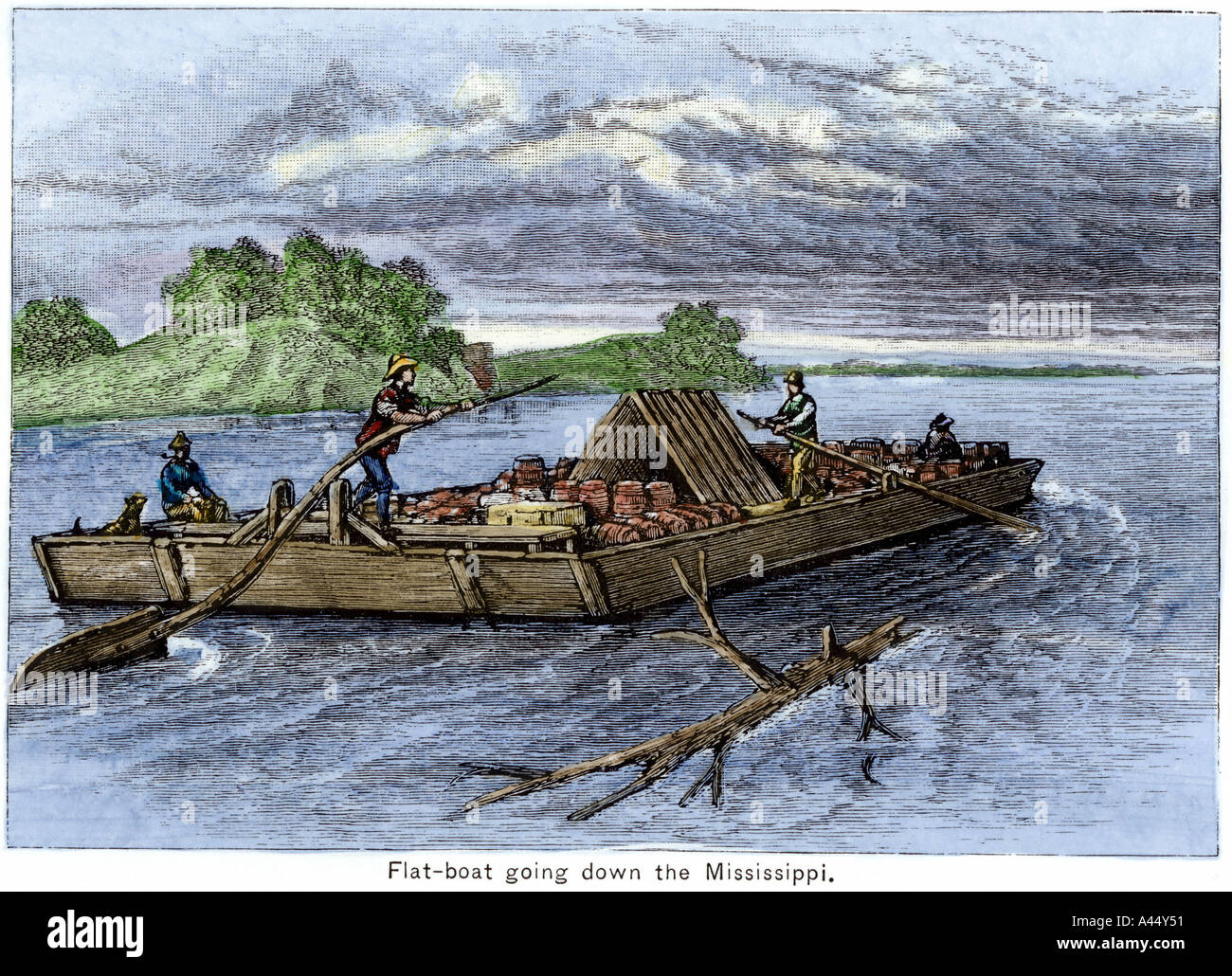 Flatboat il trasporto di un carico lungo il fiume Mississippi primi 1800s. Colorate a mano la xilografia Foto Stock