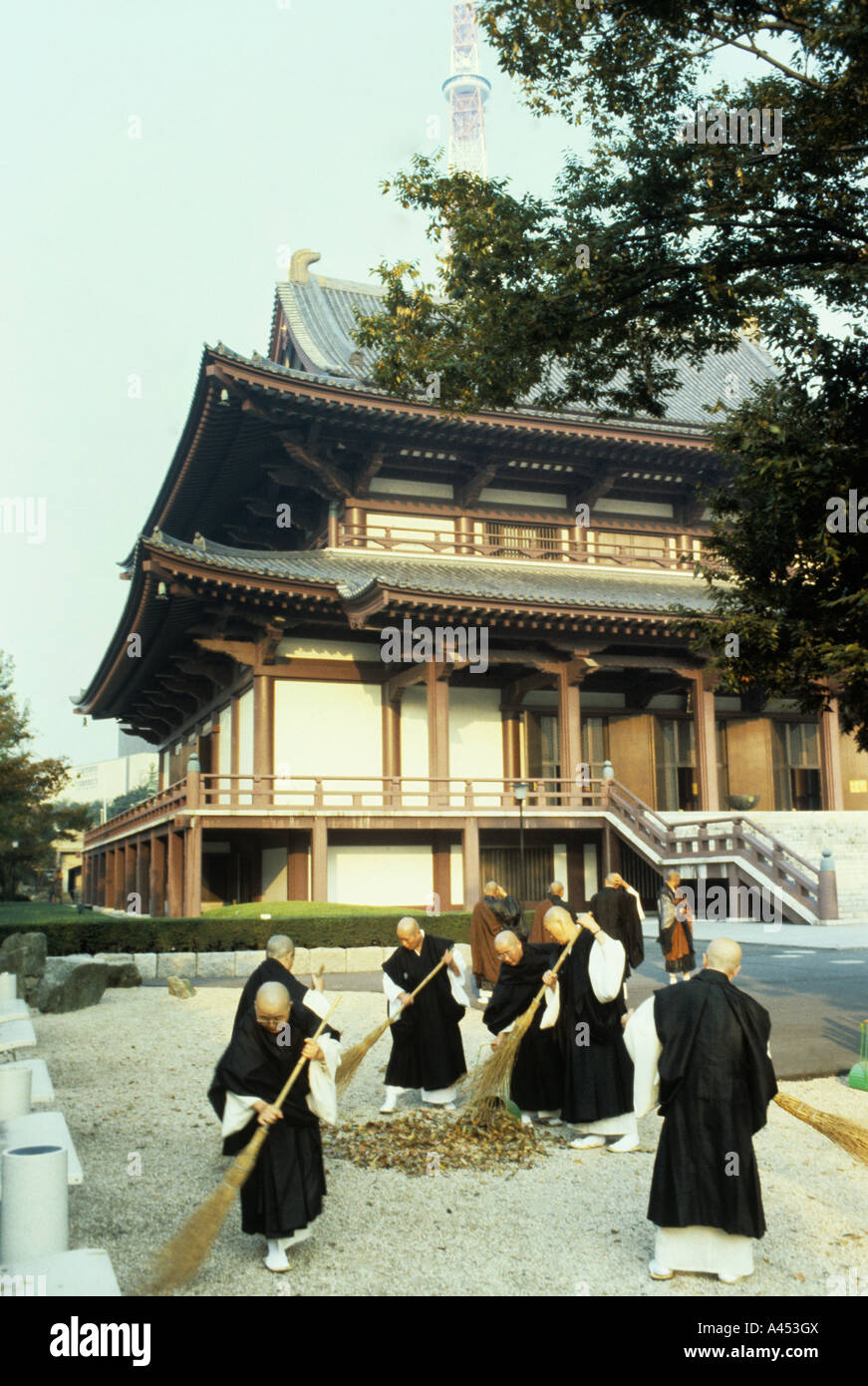 Giappone Tokyo monaci(jodo Setta buddista)presso il tempio zozoji brushthe leavesaway dopo autunno.costruito nel1393è un mondo sito culturale Foto Stock