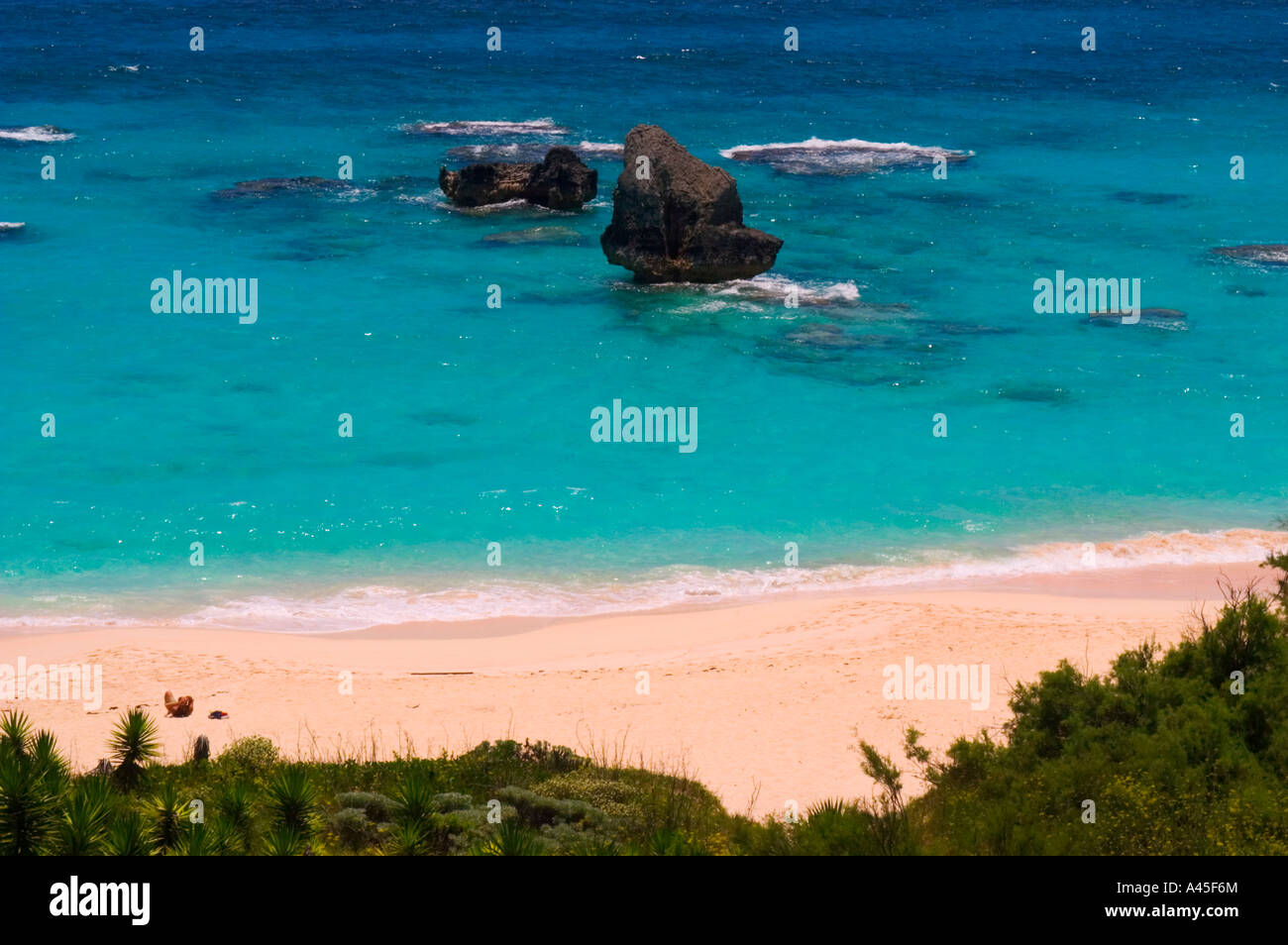 Sun bagnanti godetevi la sabbia rosa beach a Warwick Long Bay in Bermuda Foto Stock