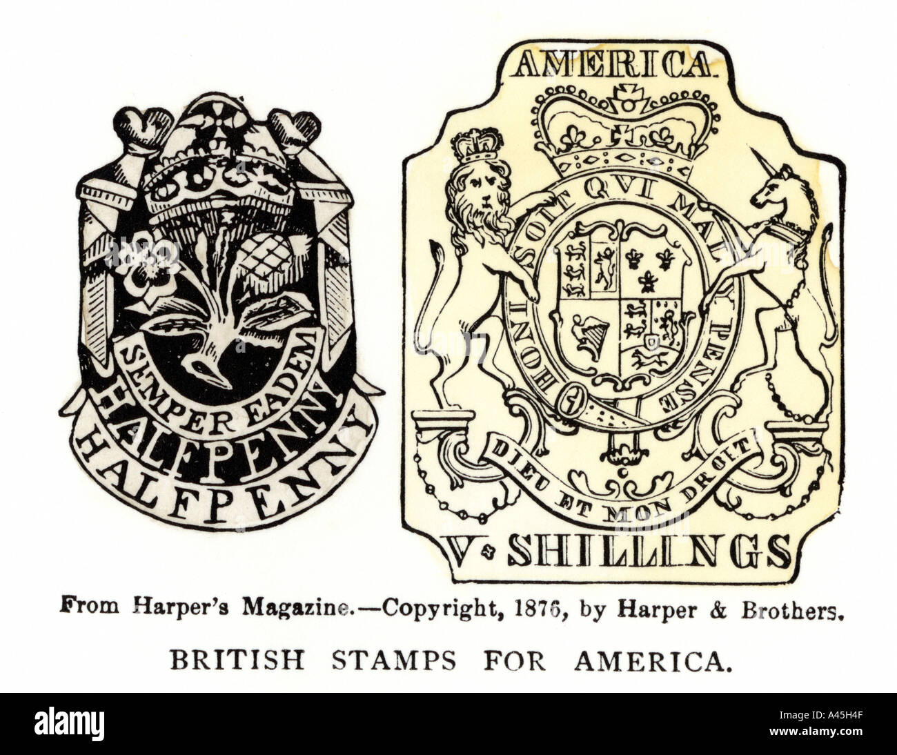 Francobolli britannici per l'America rilasciato sotto la Stamp Act mezzo penny e 5 scellini. Xilografia con un lavaggio ad acquerello Foto Stock