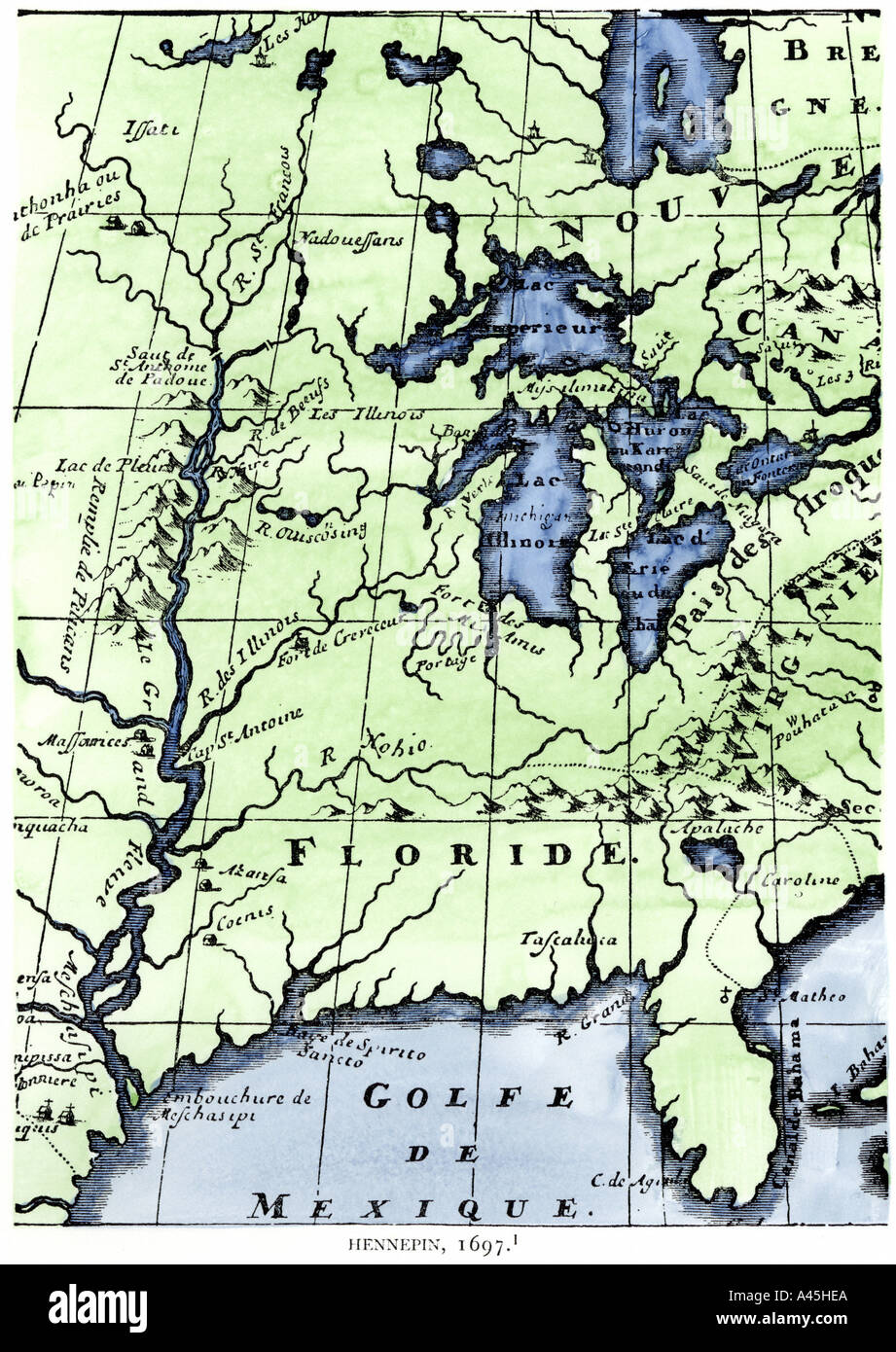 Missionario francese Louis Hennepin mappa del Mississippi River Valley e grandi laghi dopo LaSalle expeditions 1697. Colorate a mano la xilografia Foto Stock