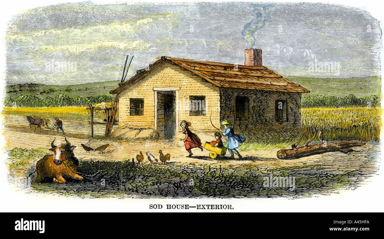 Sod casa di una famiglia homesteader sulle grandi pianure 1800s. Colorate a mano la xilografia Foto Stock
